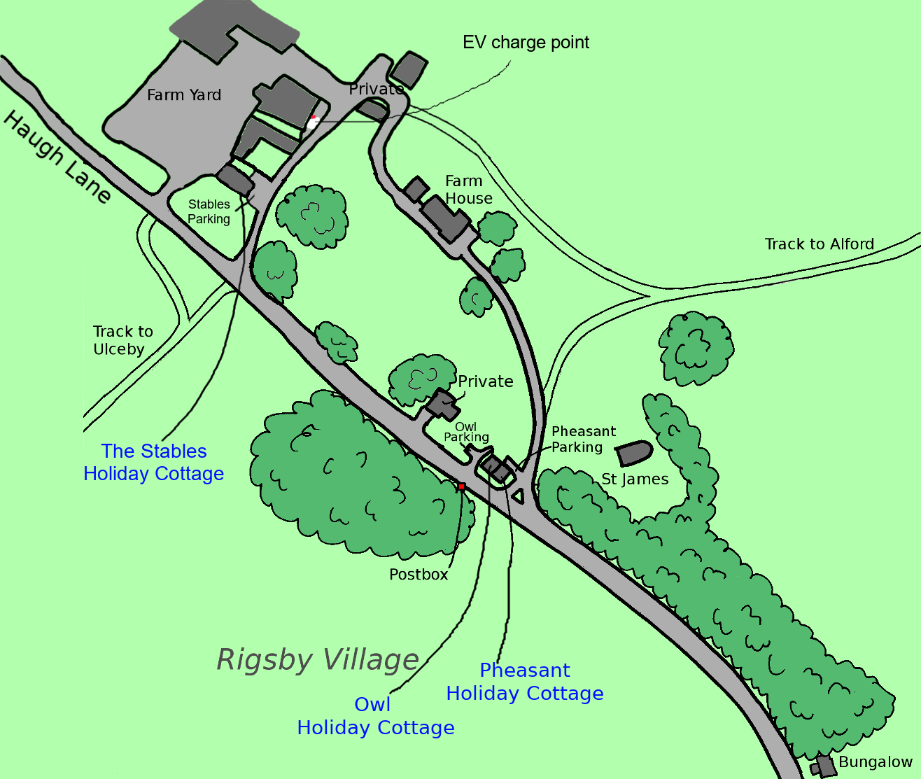 Rigsby Village Map - cottage locations, parking, roads to Ulceby and Alford